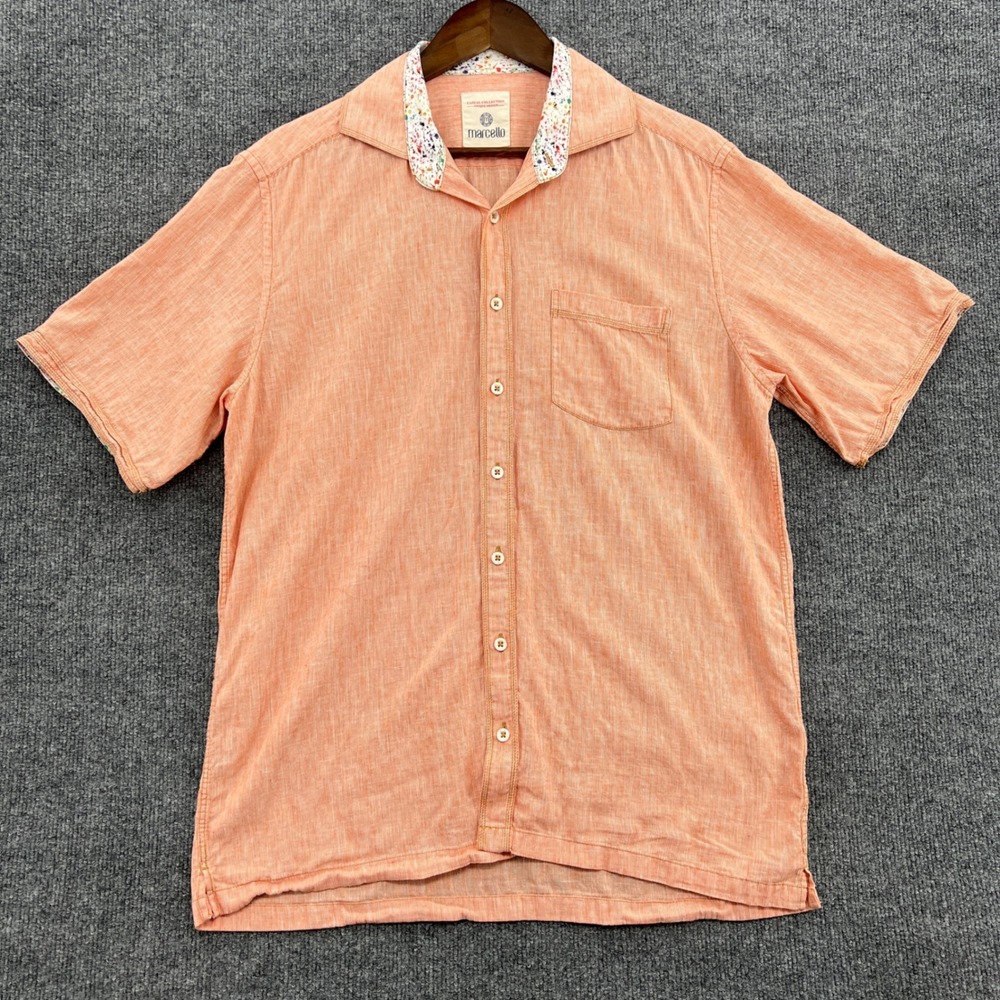 Marcello Button Down Shirt Mens‎ Medium Orange Linen Blend Beach Pool Tropical